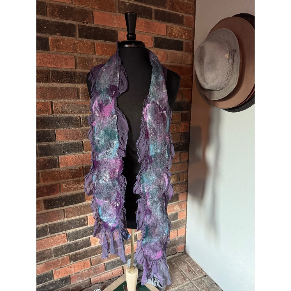 Artisan Felted Wool Silk Scarf Purple Teal Pink Ruffled Edges One of‎ a Kind